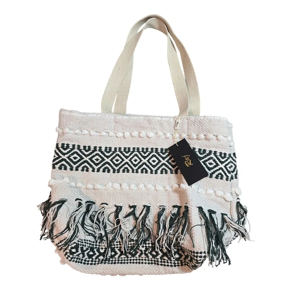 Raj XL Women Woven Cotton Boho Tote Bag Green White Geometric Fringe Pom Pom NEW